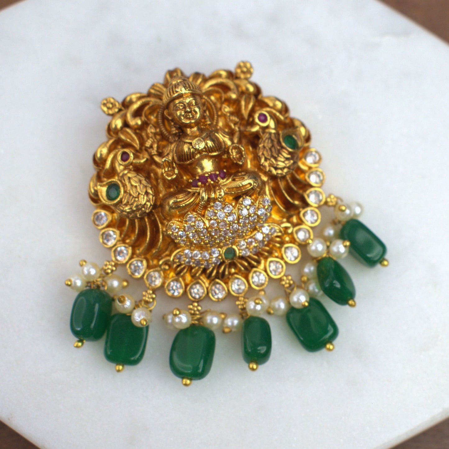 Udbhava Traditional Lakshmi Nakshi Pendant with Green Bead Drops – Temple Jewellery Design