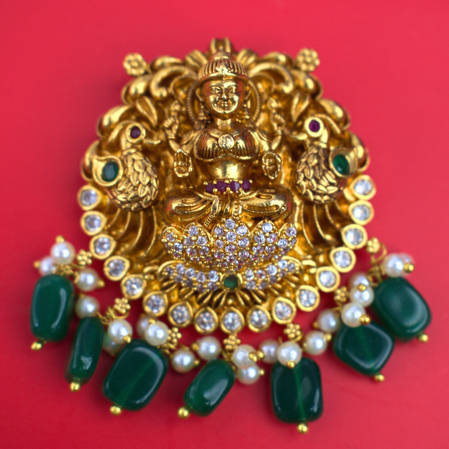 Udbhava Traditional Lakshmi Nakshi Pendant with Green Bead Drops – Temple Jewellery Design