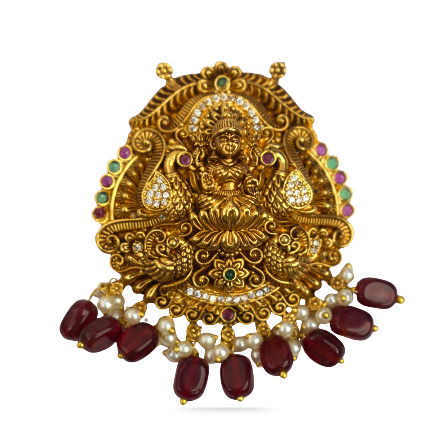 Udbhava Traditional Lakshmi Nakshi Pendant with Red Bead Drops – Temple Jewellery Design