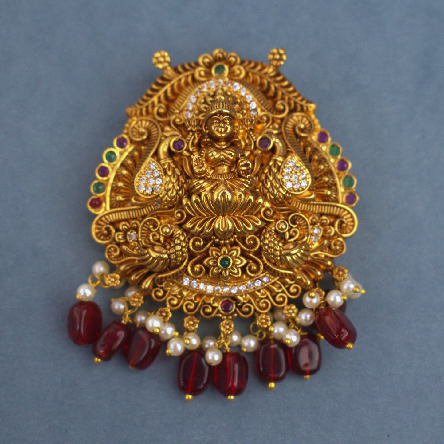 Udbhava Traditional Lakshmi Nakshi Pendant with Red Bead Drops – Temple Jewellery Design