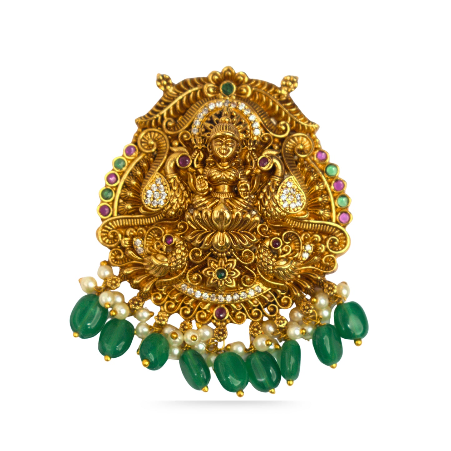 Udbhava Traditional Nakshi Lakshmi Pendant with Green Drops – Temple Jewellery Design