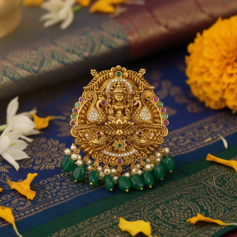 Udbhava Traditional Nakshi Lakshmi Pendant with Green Drops – Temple Jewellery Design