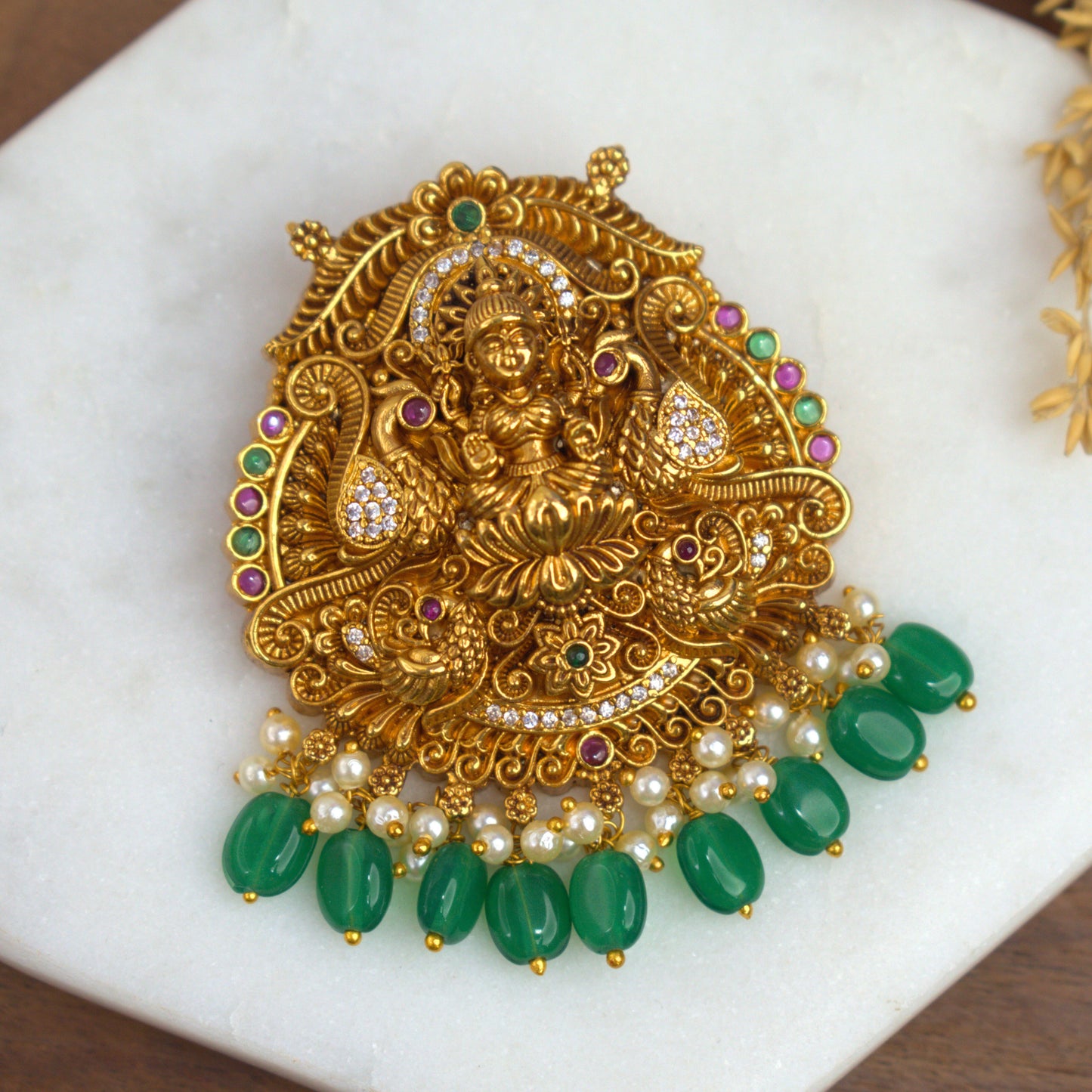 Udbhava Traditional Nakshi Lakshmi Pendant with Green Drops – Temple Jewellery Design