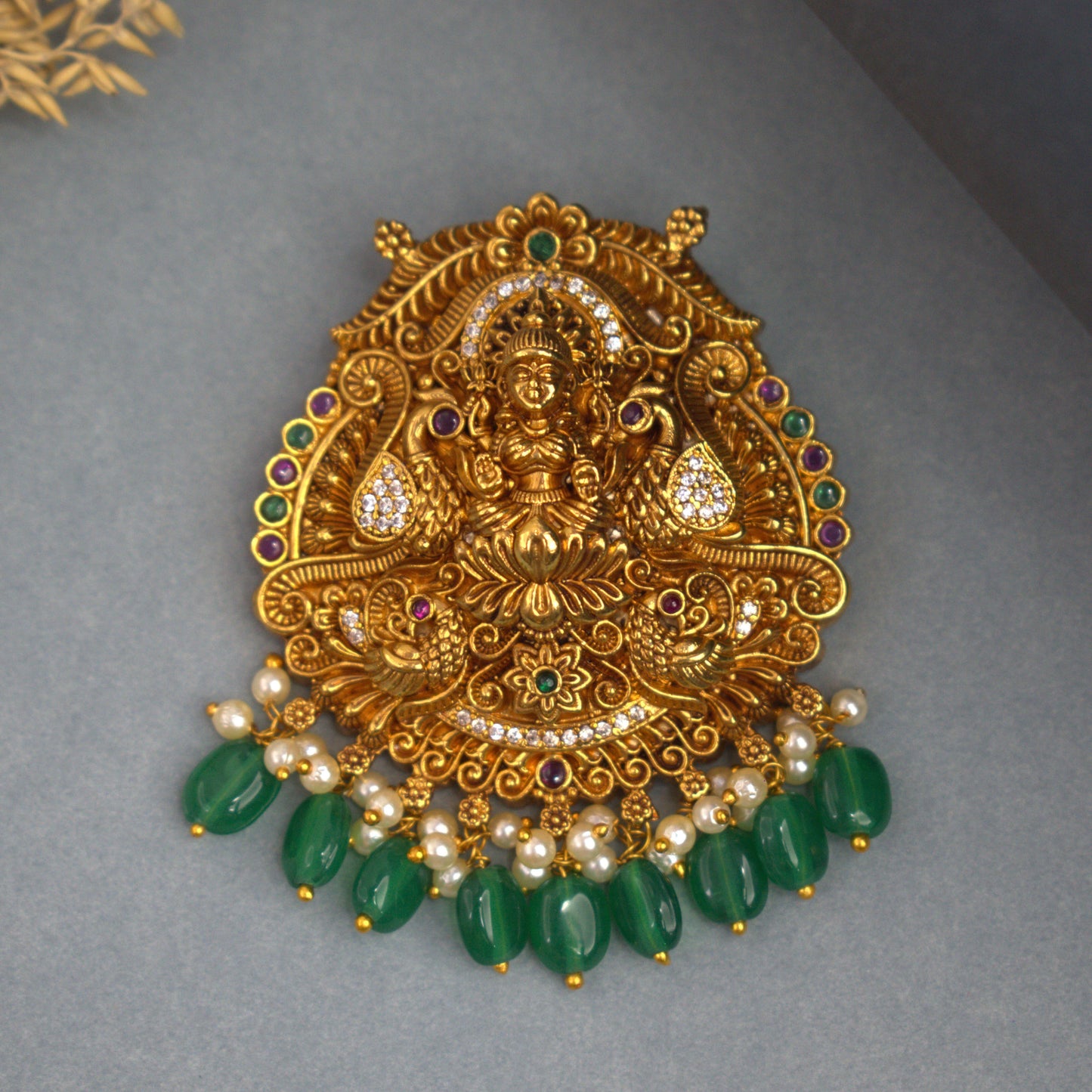 Udbhava Traditional Nakshi Lakshmi Pendant with Green Drops – Temple Jewellery Design