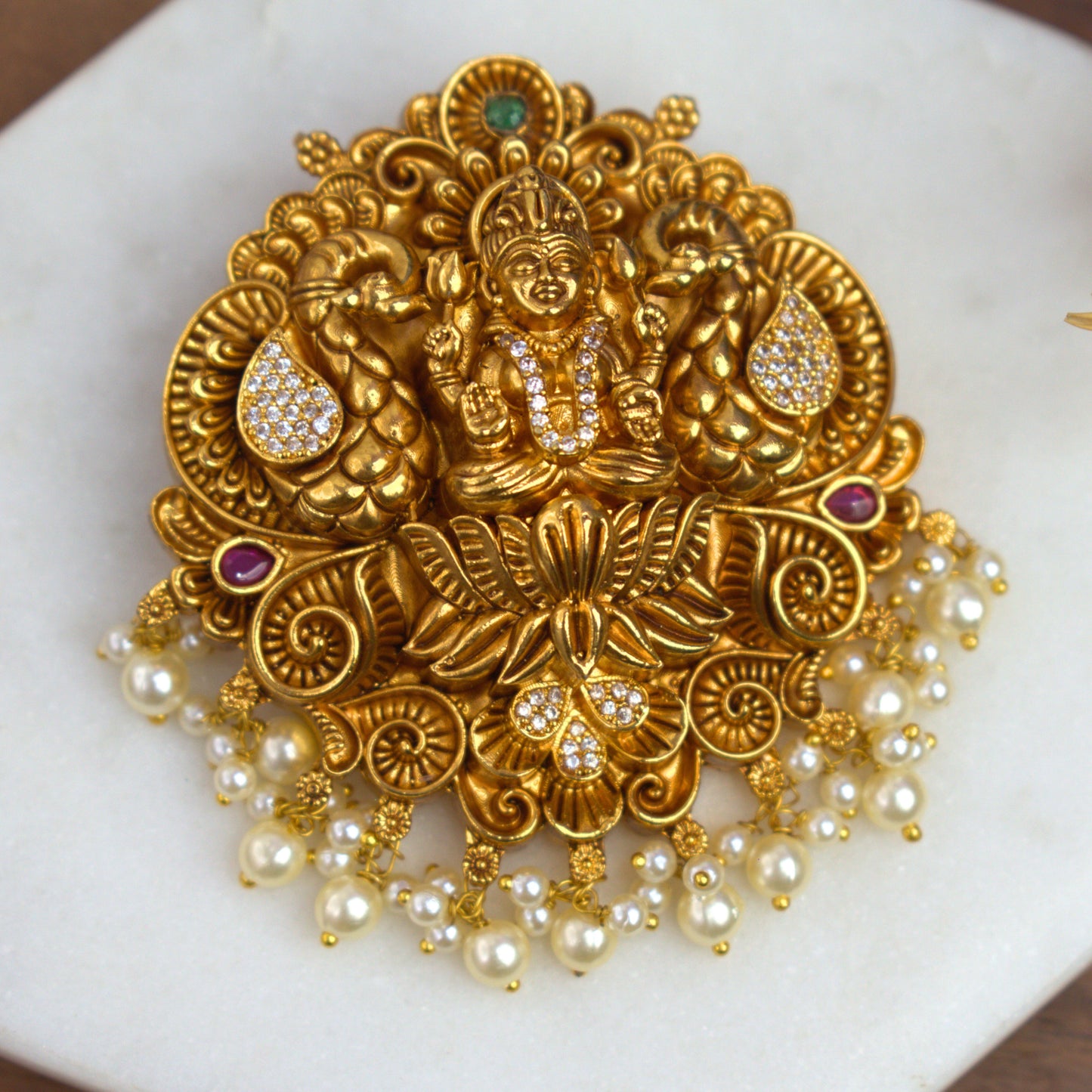Udbhava Traditional Nakshi Lakshmi Pendant with Pearl Drops – Temple Jewellery Design