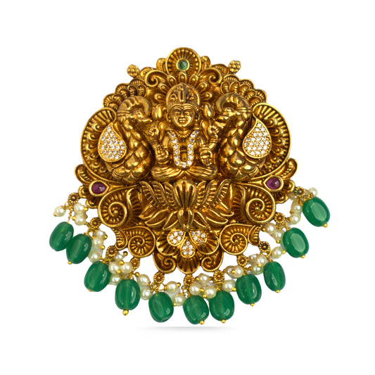 Udbhava Traditional Nakshi Lakshmi Pendant with Green Bead & Pearl Drops – Temple Jewellery