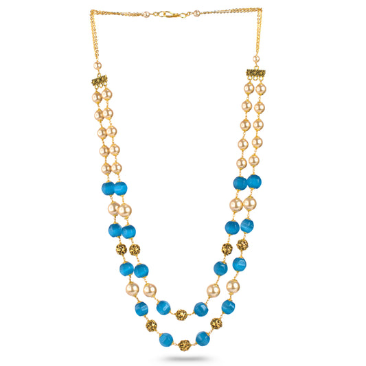 Udbhava 2-Layer Kattu Theega Handcrafted Blue Bead & Pearl Necklace – Traditional Temple Jewellery