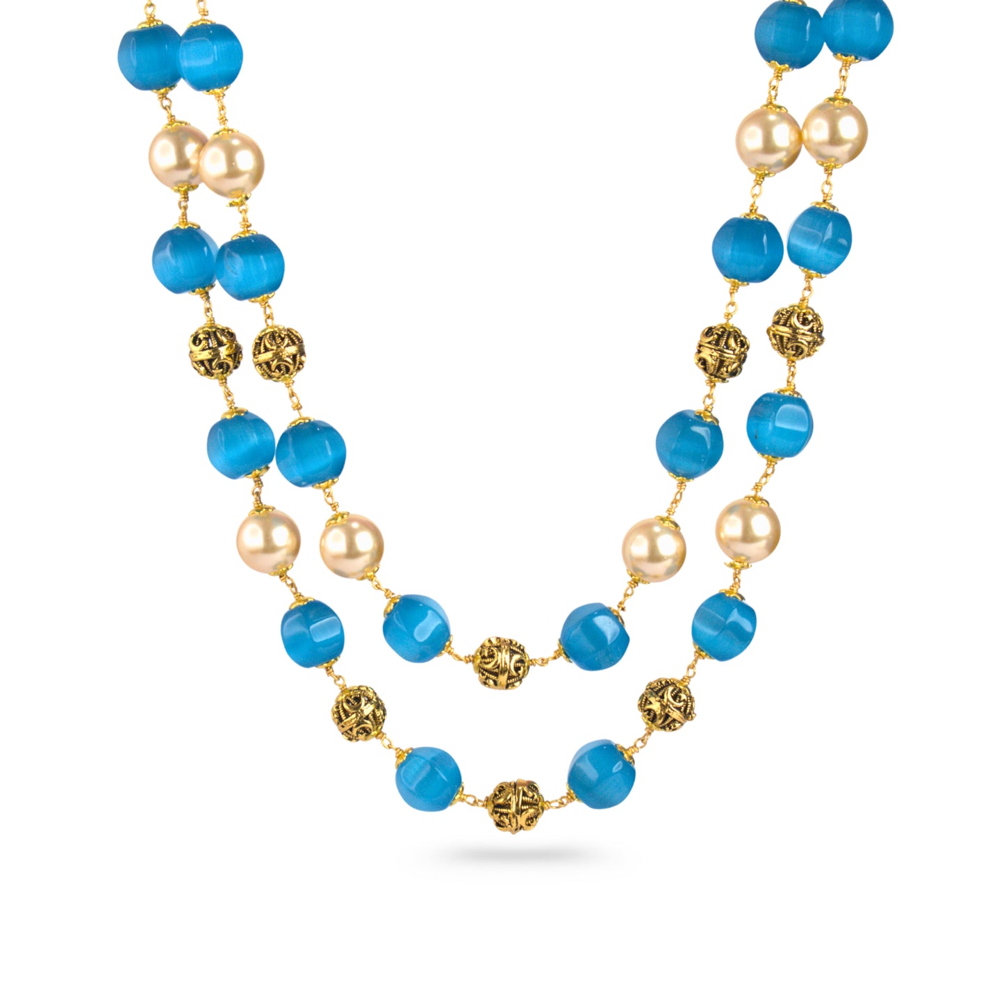 Udbhava 2-Layer Kattu Theega Handcrafted Blue Bead & Pearl Necklace – Traditional Temple Jewellery