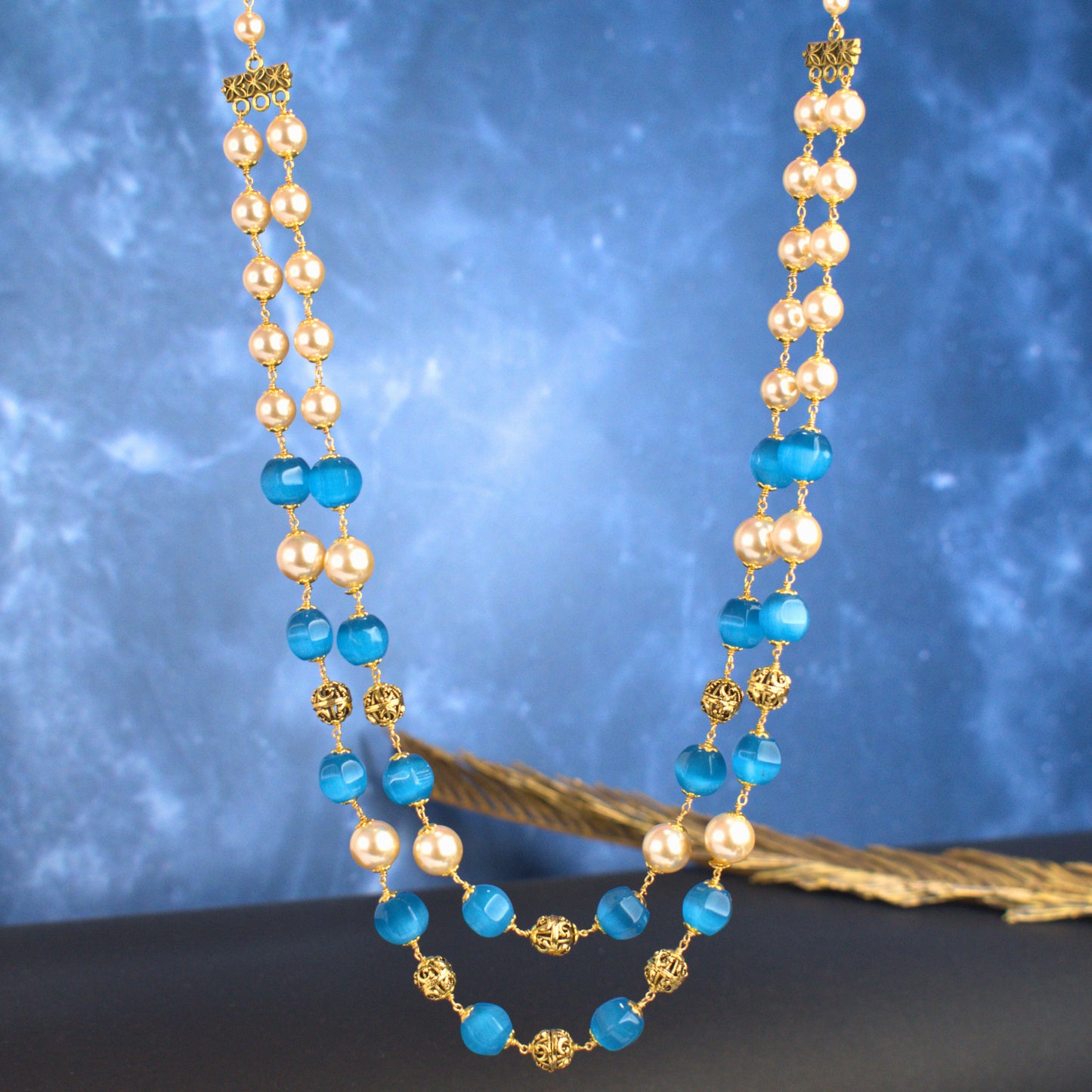 Udbhava 2-Layer Kattu Theega Handcrafted Blue Bead & Pearl Necklace – Traditional Temple Jewellery