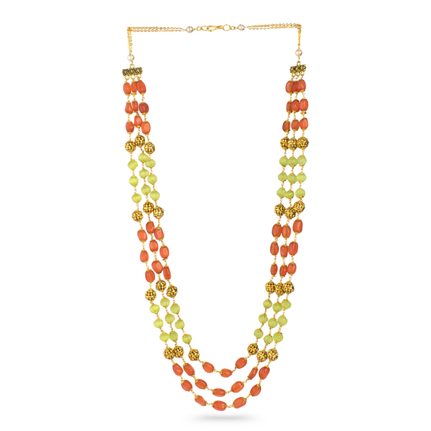 Three Layer Kattu Theega Necklace with Onyx & Monalisa Pumpkin Beads