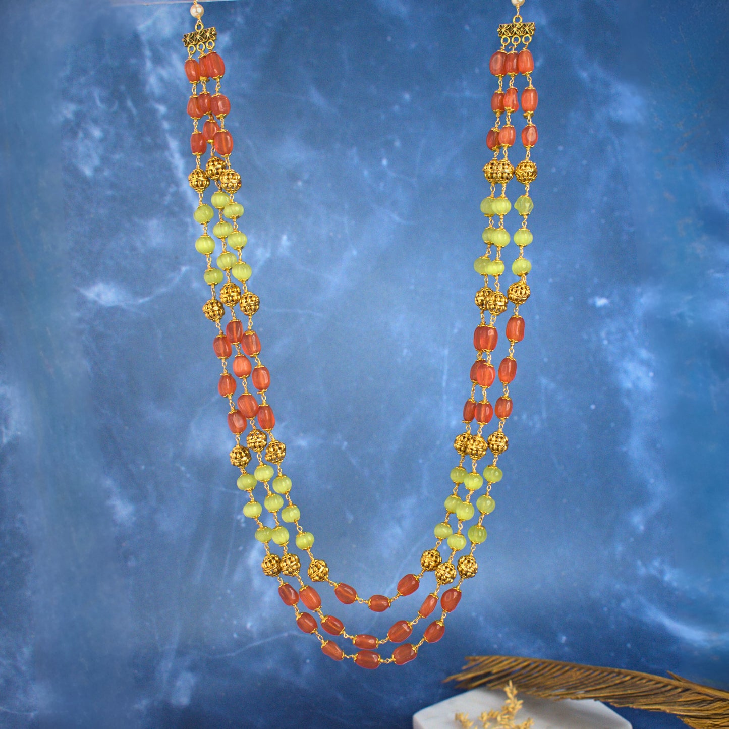 Three Layer Kattu Theega Necklace with Onyx & Monalisa Pumpkin Beads
