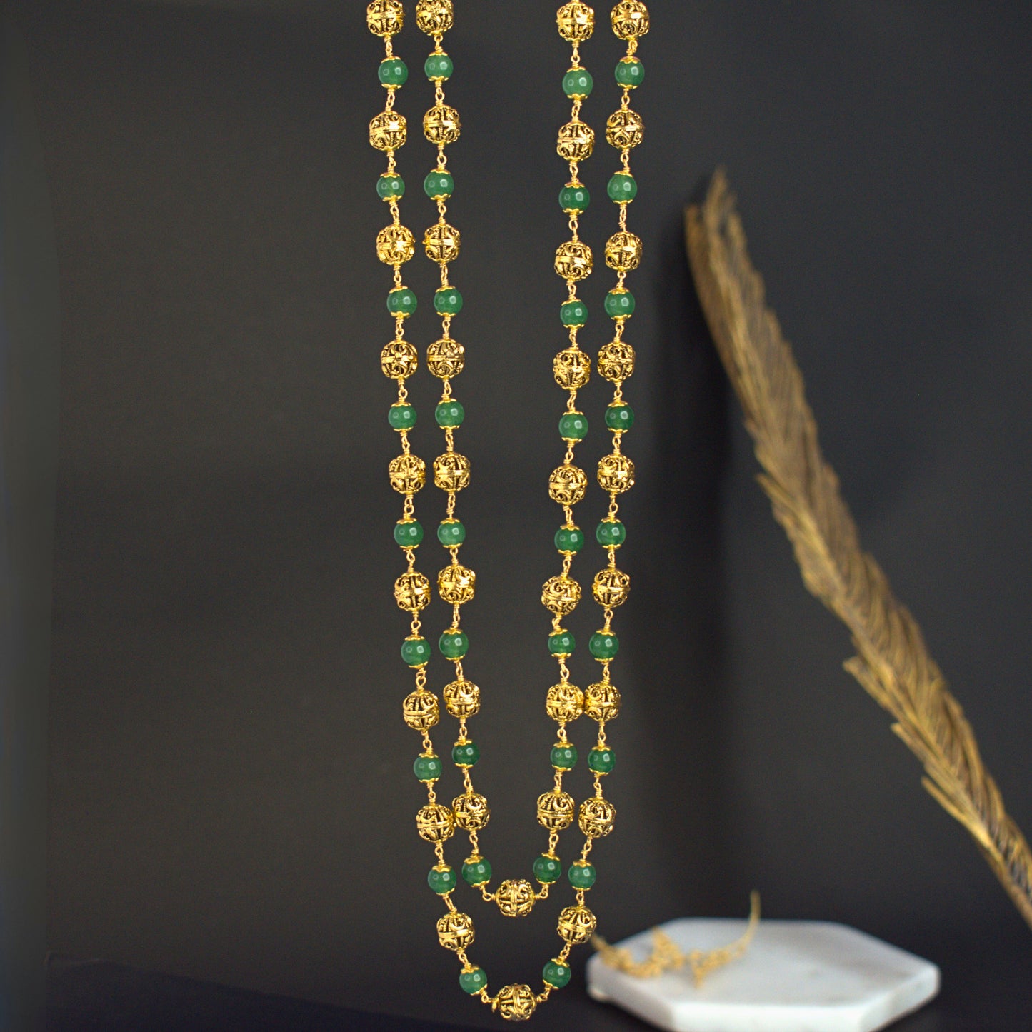 Handcrafted Double-Line Green Kattu Theega Necklace