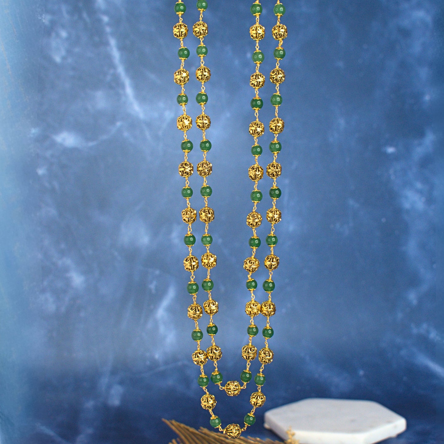 Handcrafted Double-Line Green Kattu Theega Necklace