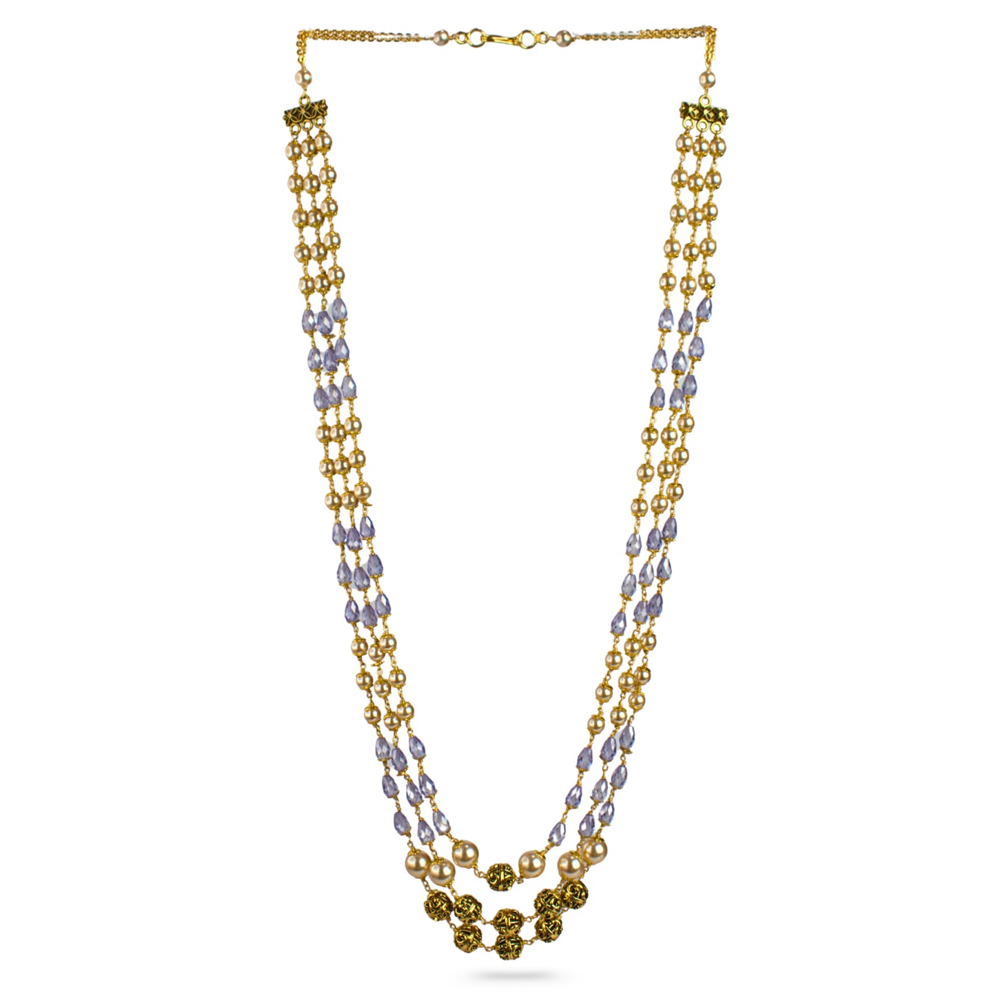 Handcrafted Three Line CZ Drop Beads Kattu Theega Necklace