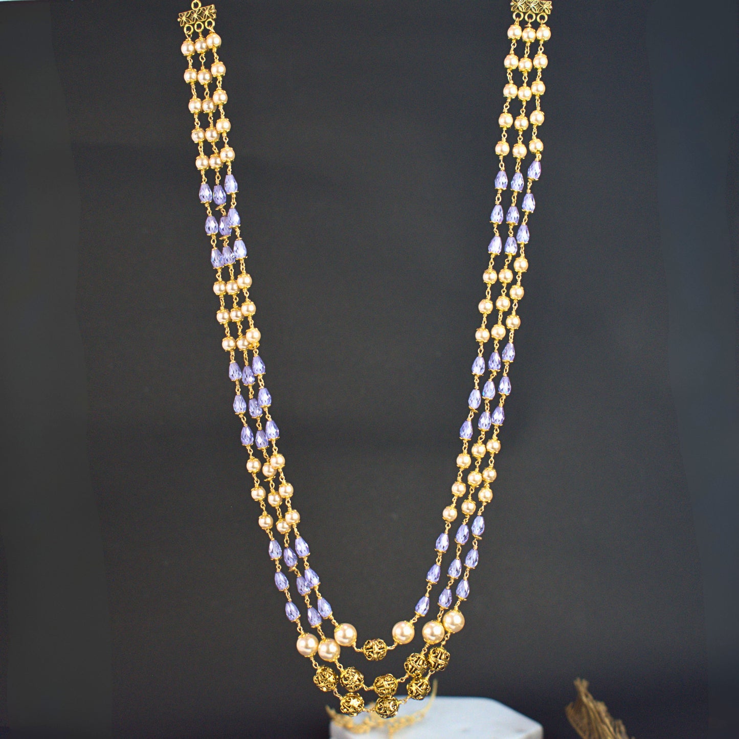 Handcrafted Three Line CZ Drop Beads Kattu Theega Necklace