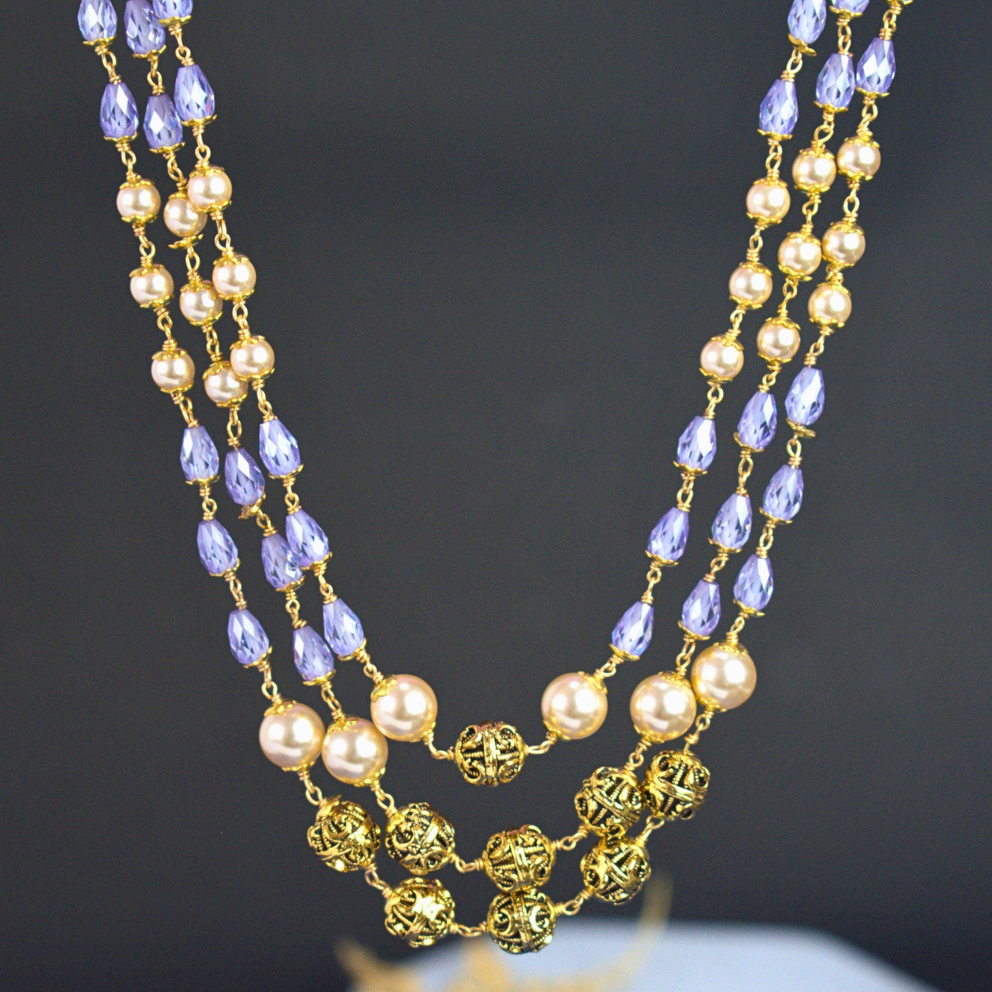 Handcrafted Three Line CZ Drop Beads Kattu Theega Necklace