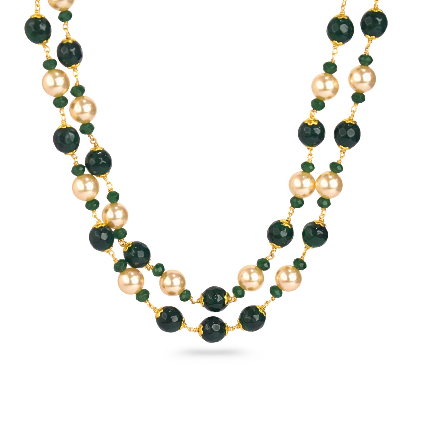 Two Layer Kattu Theega Handcrafted Onyx Beaded Necklace – Green onyx & Pearls