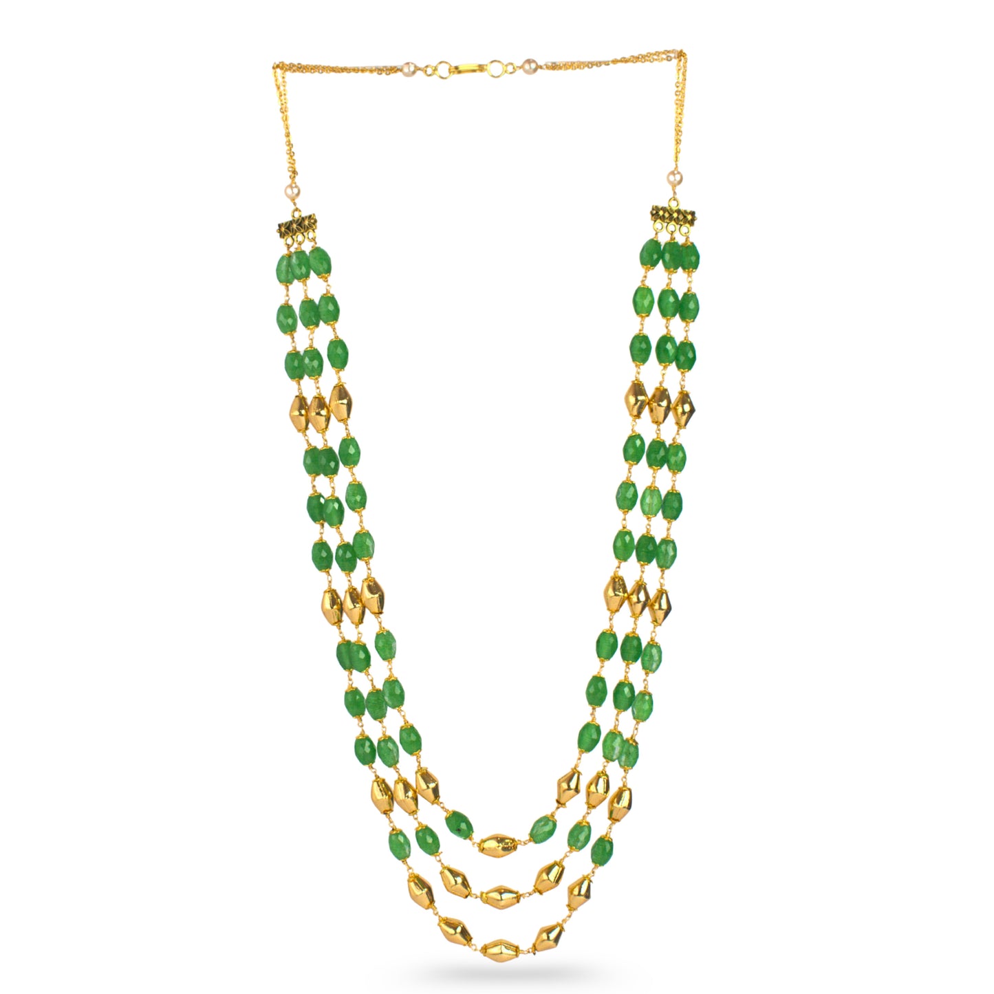 Three Layer Kattu Theega Handcrafted CZ Beads Necklace with Gold Balls