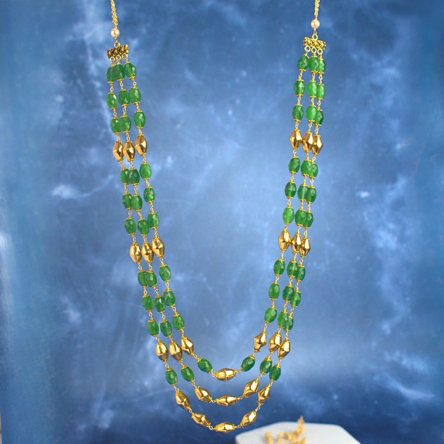 Three Layer Kattu Theega Handcrafted CZ Beads Necklace with Gold Balls