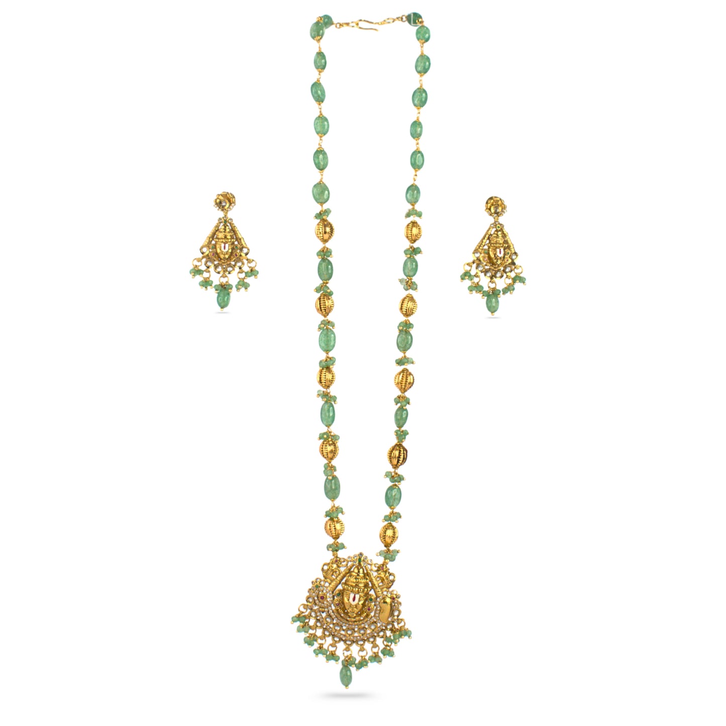 Green Aventurine Beads Temple Necklace Set with Earrings – Kattu Theega Karigari