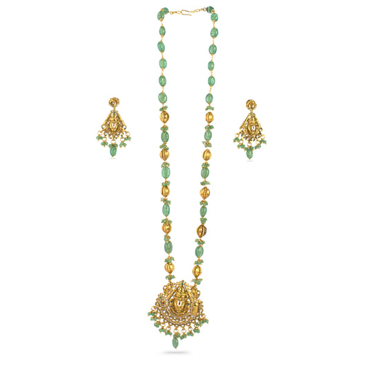 Green Aventurine Beads Temple Necklace Set with Earrings – Kattu Theega Karigari