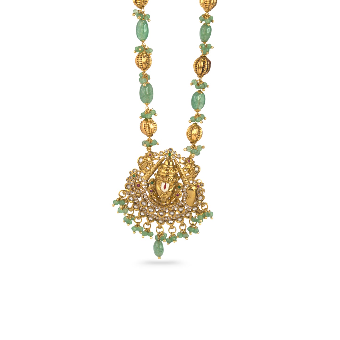 Green Aventurine Beads Temple Necklace Set with Earrings – Kattu Theega Karigari