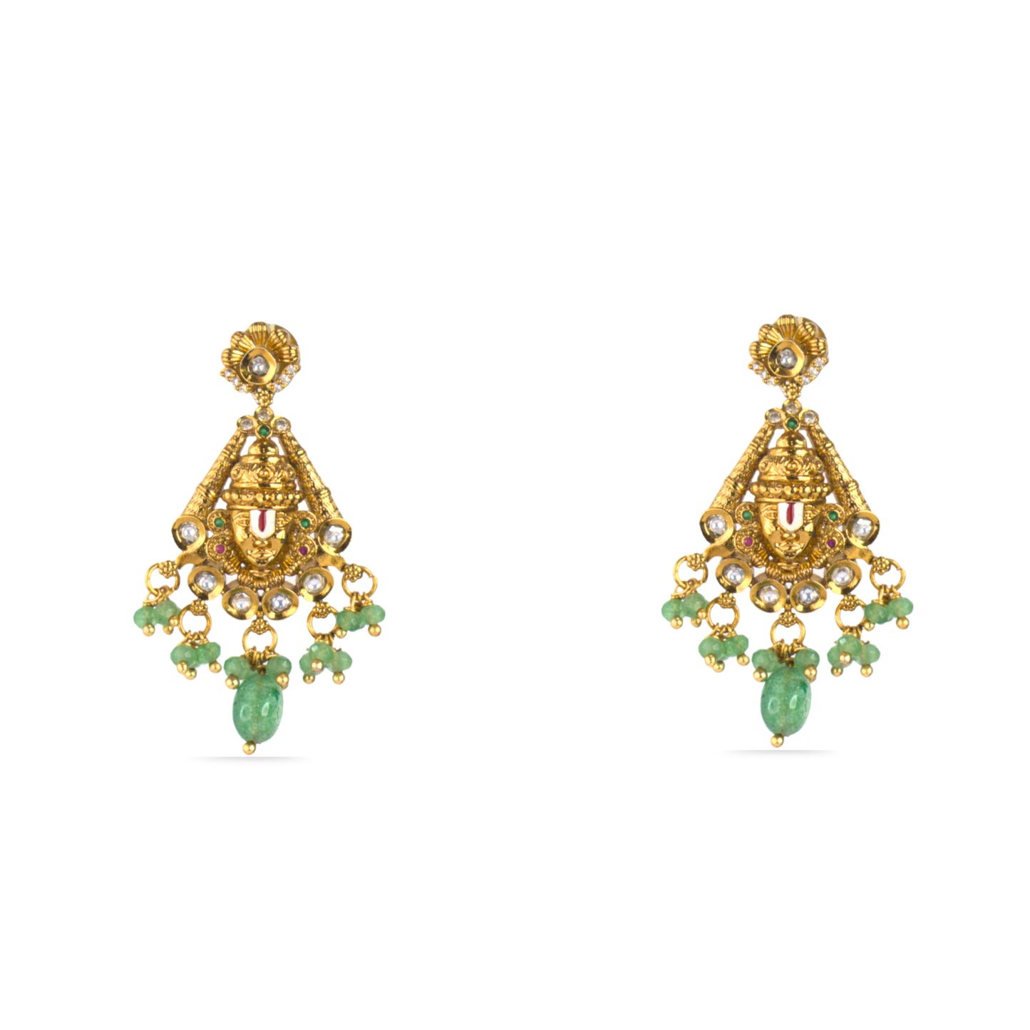 Green Aventurine Beads Temple Necklace Set with Earrings – Kattu Theega Karigari