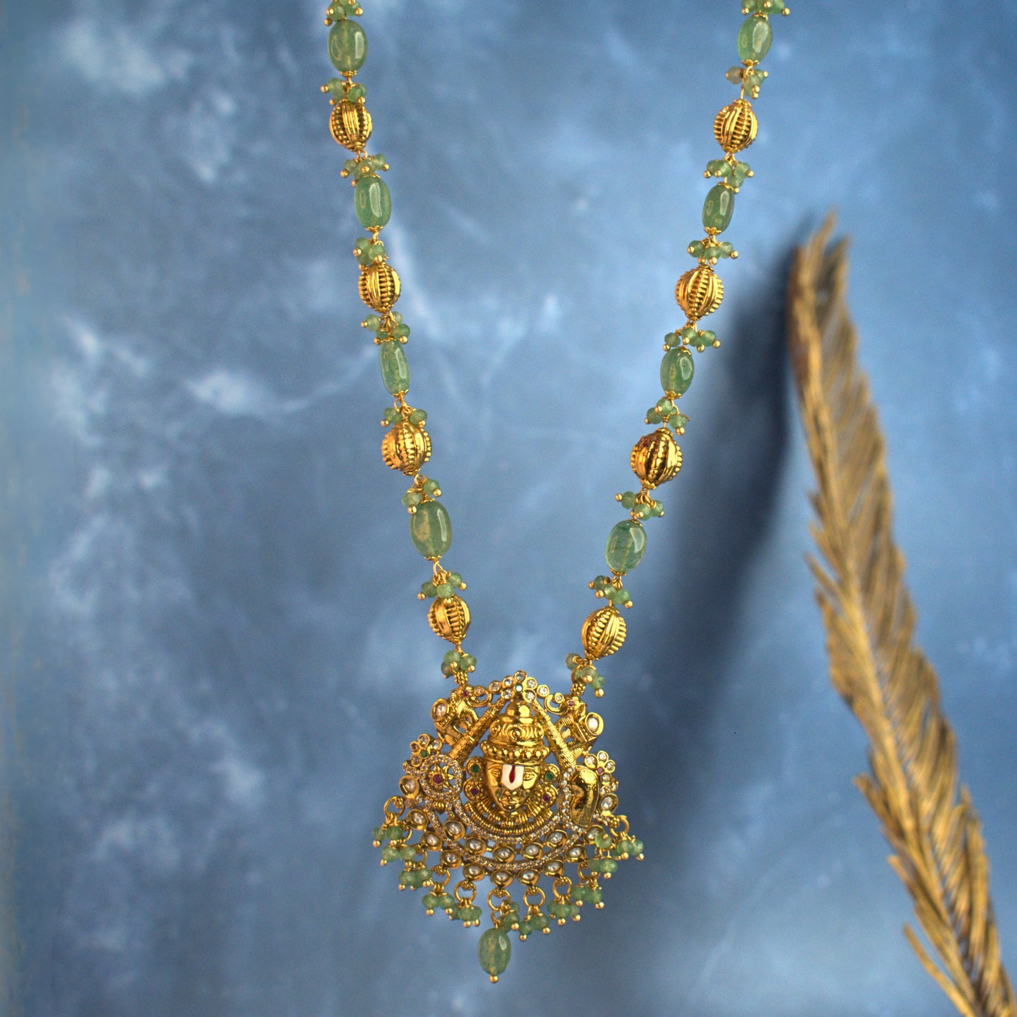 Green Aventurine Beads Temple Necklace Set with Earrings – Kattu Theega Karigari