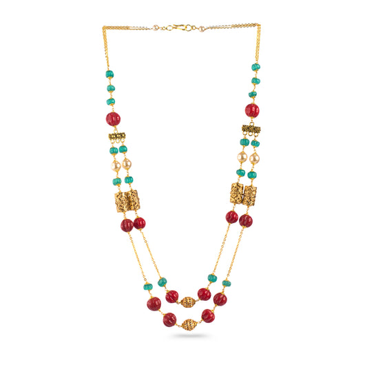 Red & Blue Pumpkin Beads Two-Layer Necklace – Kattu Theega Karigari