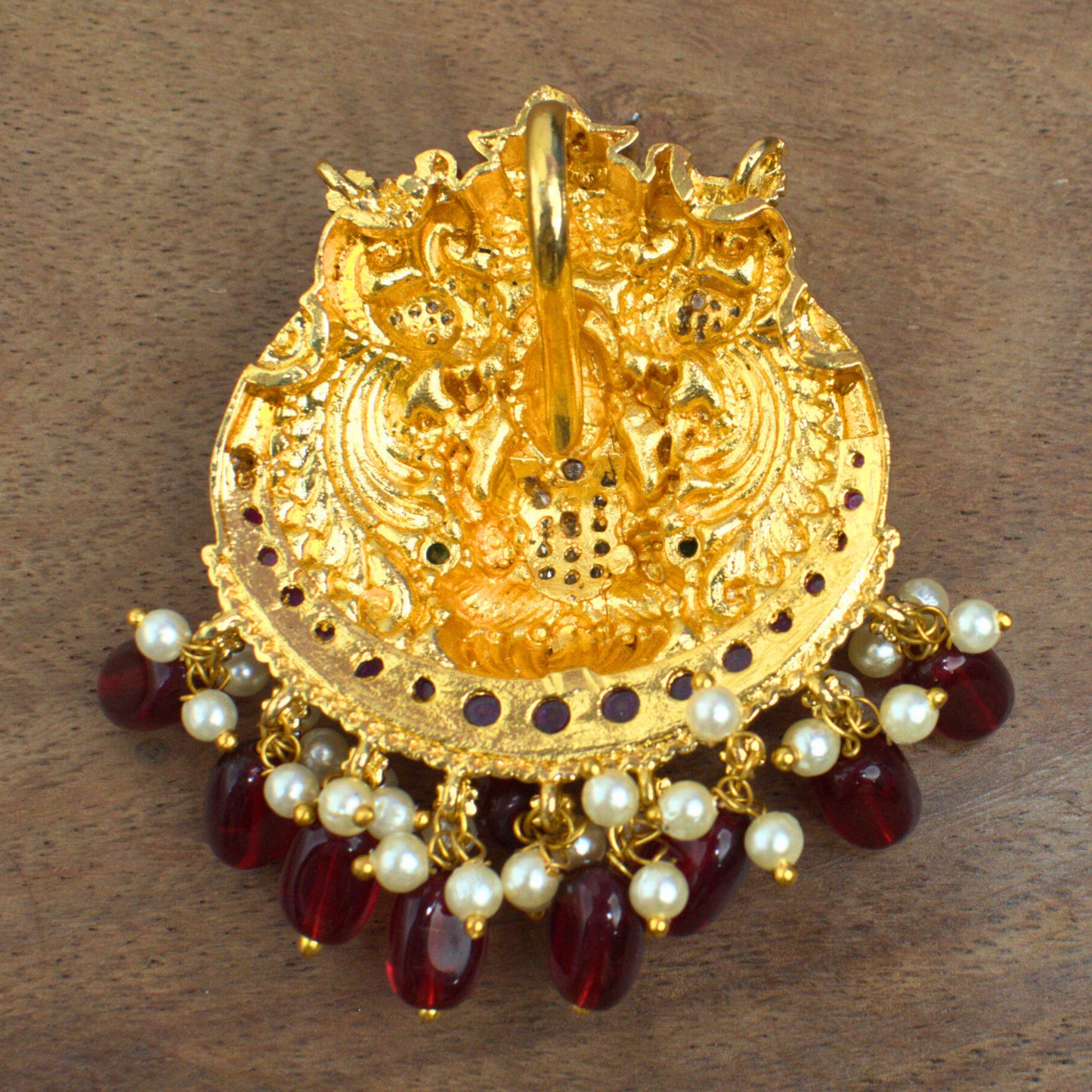 Udbhava Antique Gold Nakshi Lakshmi Temple Pendant with Red Beads & Pearls